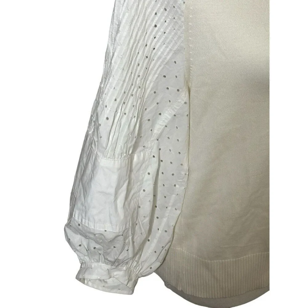 Akris Punto White Eyelet Puff Sleeves Virgin Wool Sweater Sz 2